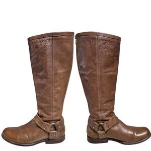Frye Phillip Brown Leather Full Zip Harness Buckle Riding Moto Vintage Boots 7 B